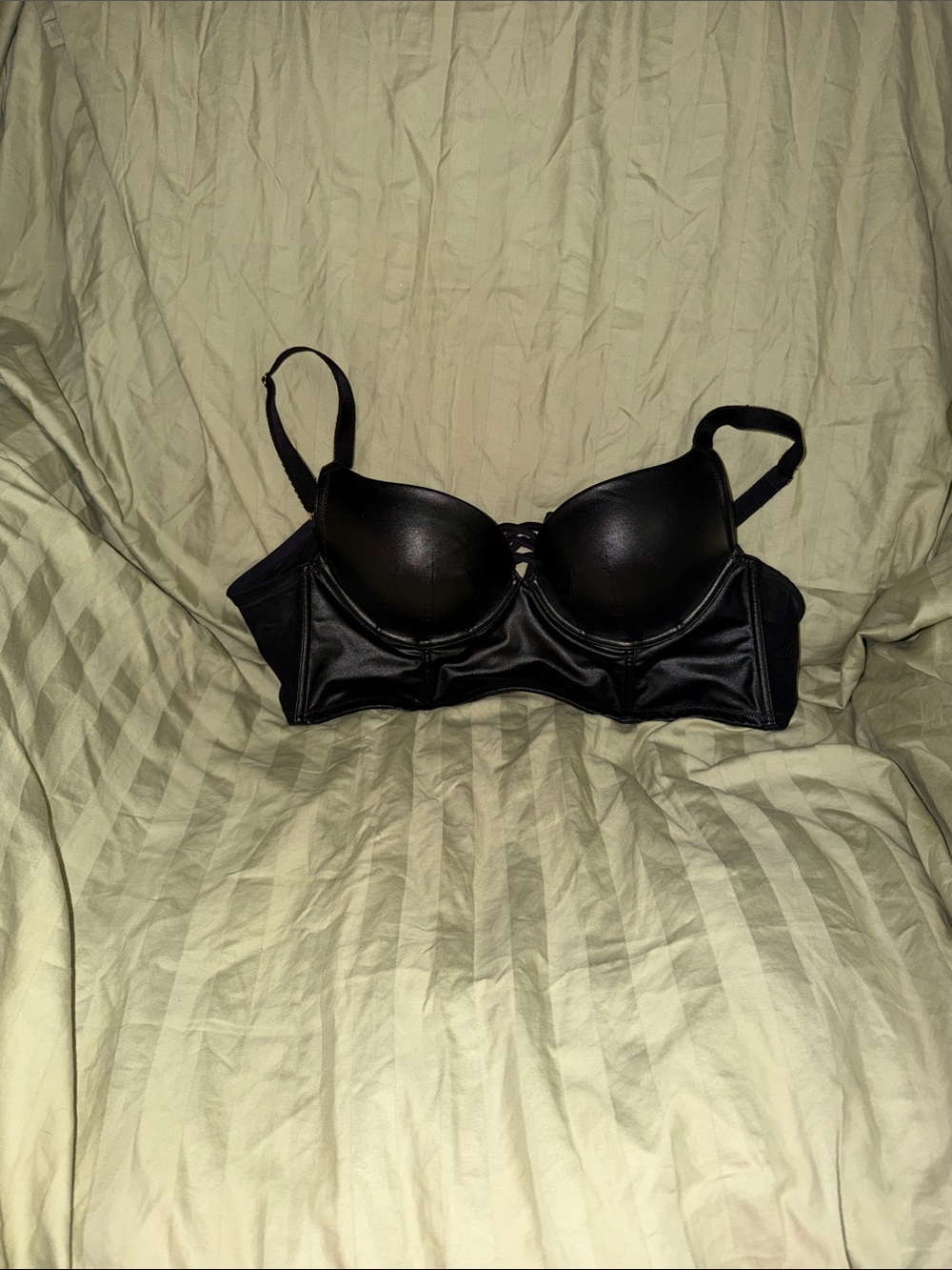 Smooth Black faux leatherPadded Bra with Supportive Underband and Lace-Up Detail